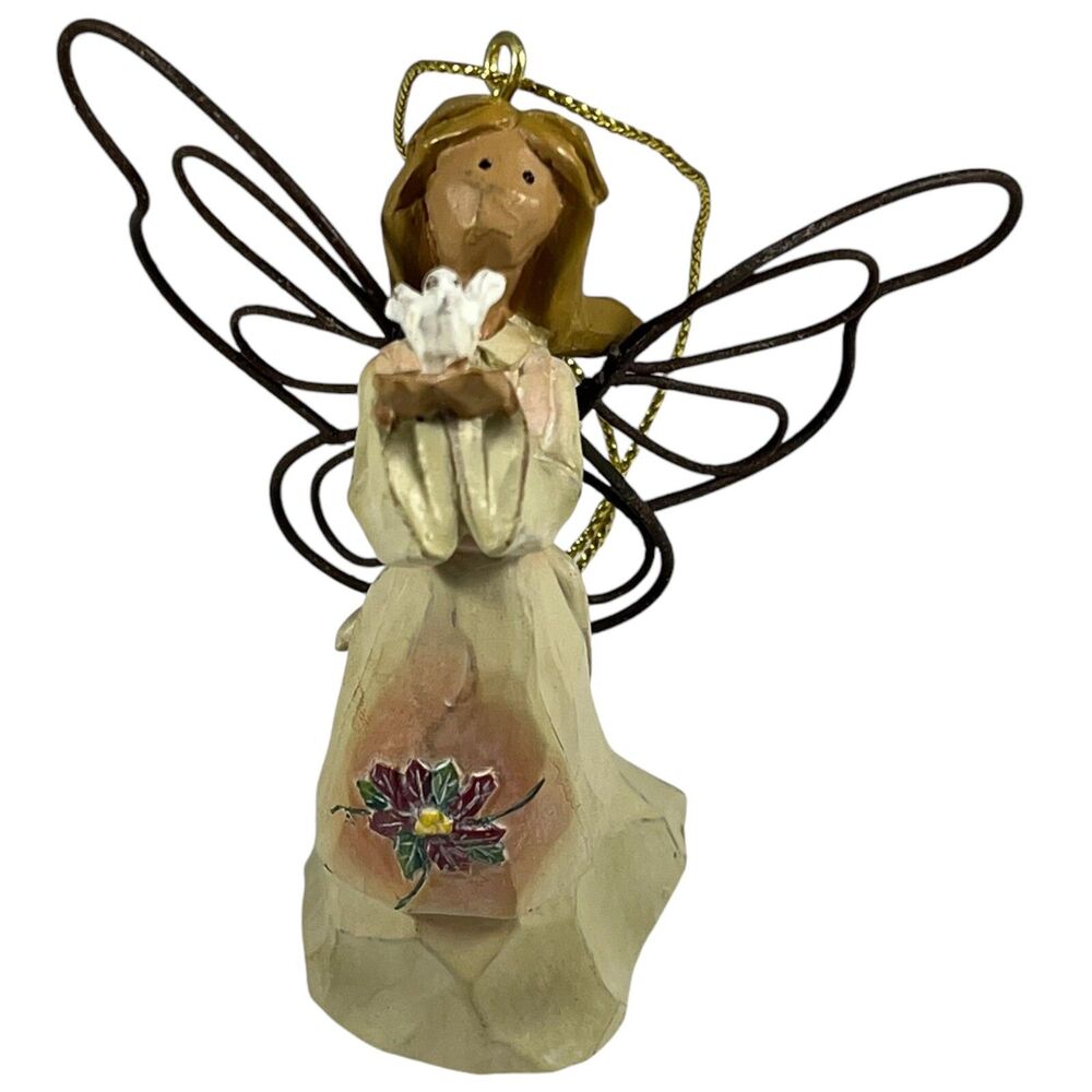 Angel With White Dove Ornament, Wire Wings, Poinsettia Flower, Christmas Figure